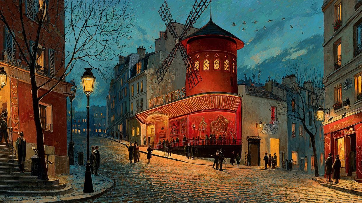 A lively evening scene of a red windmill building on a cobblestone street.
