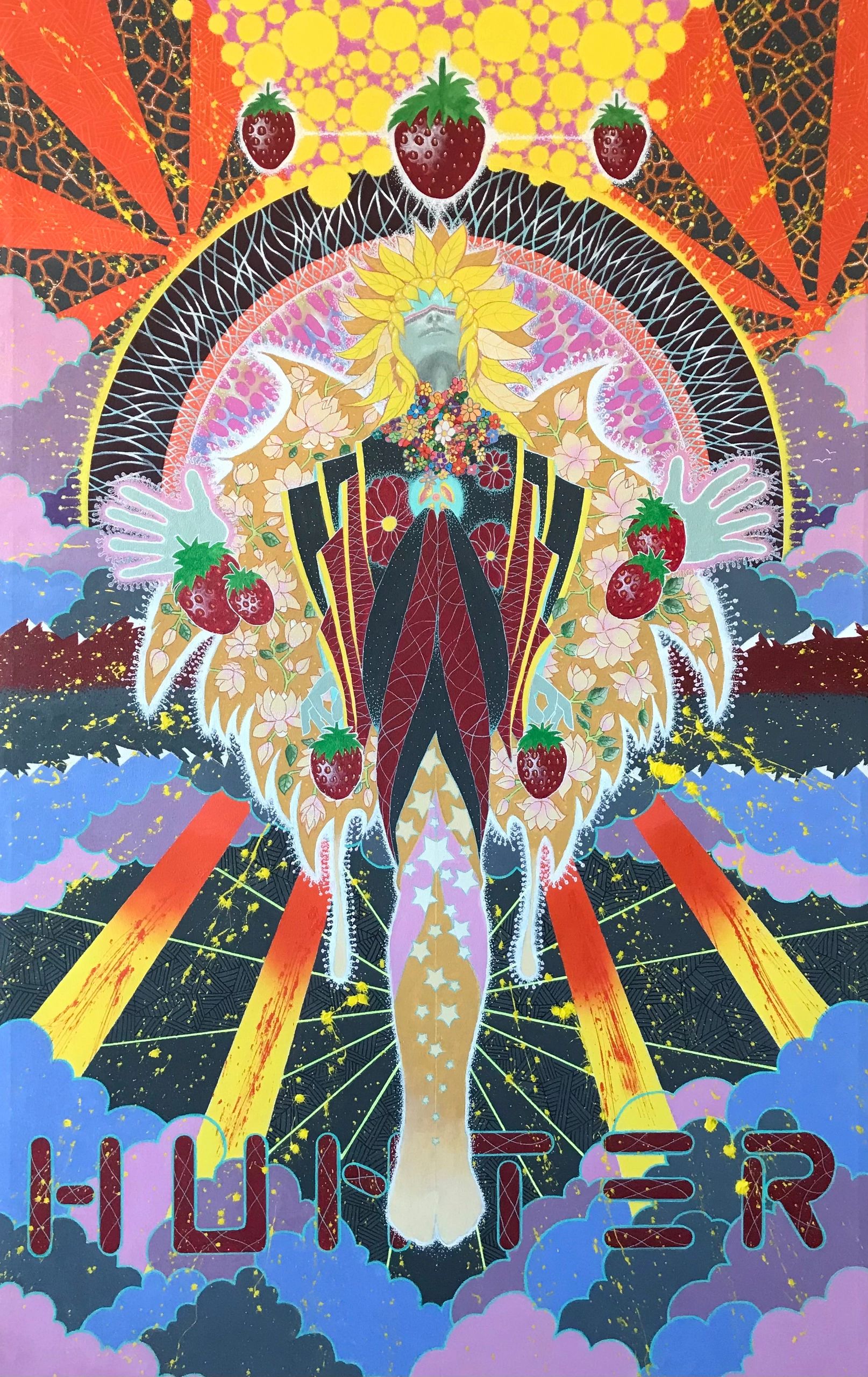 The boldness of the central figure, with its intricate detailing, forms the piece's strength