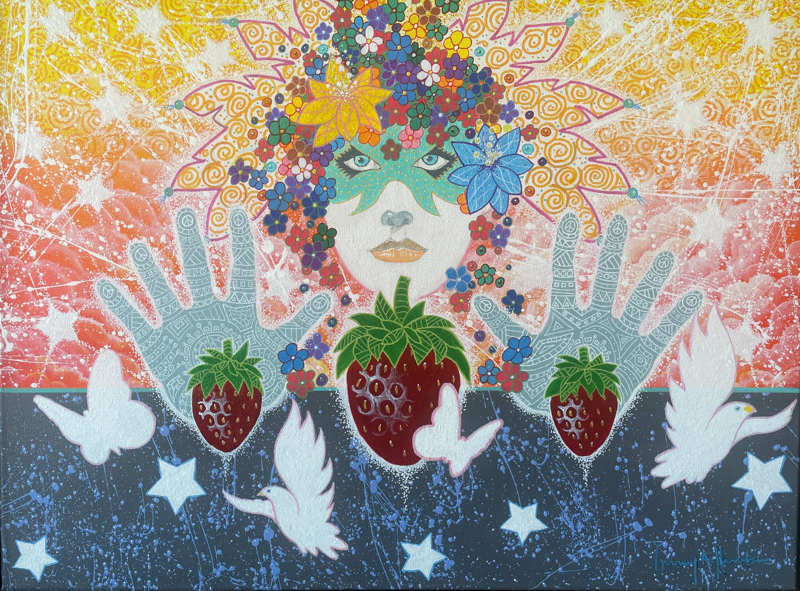 The painting is rich with symbolism and detail, using a predominantly warm color palette 