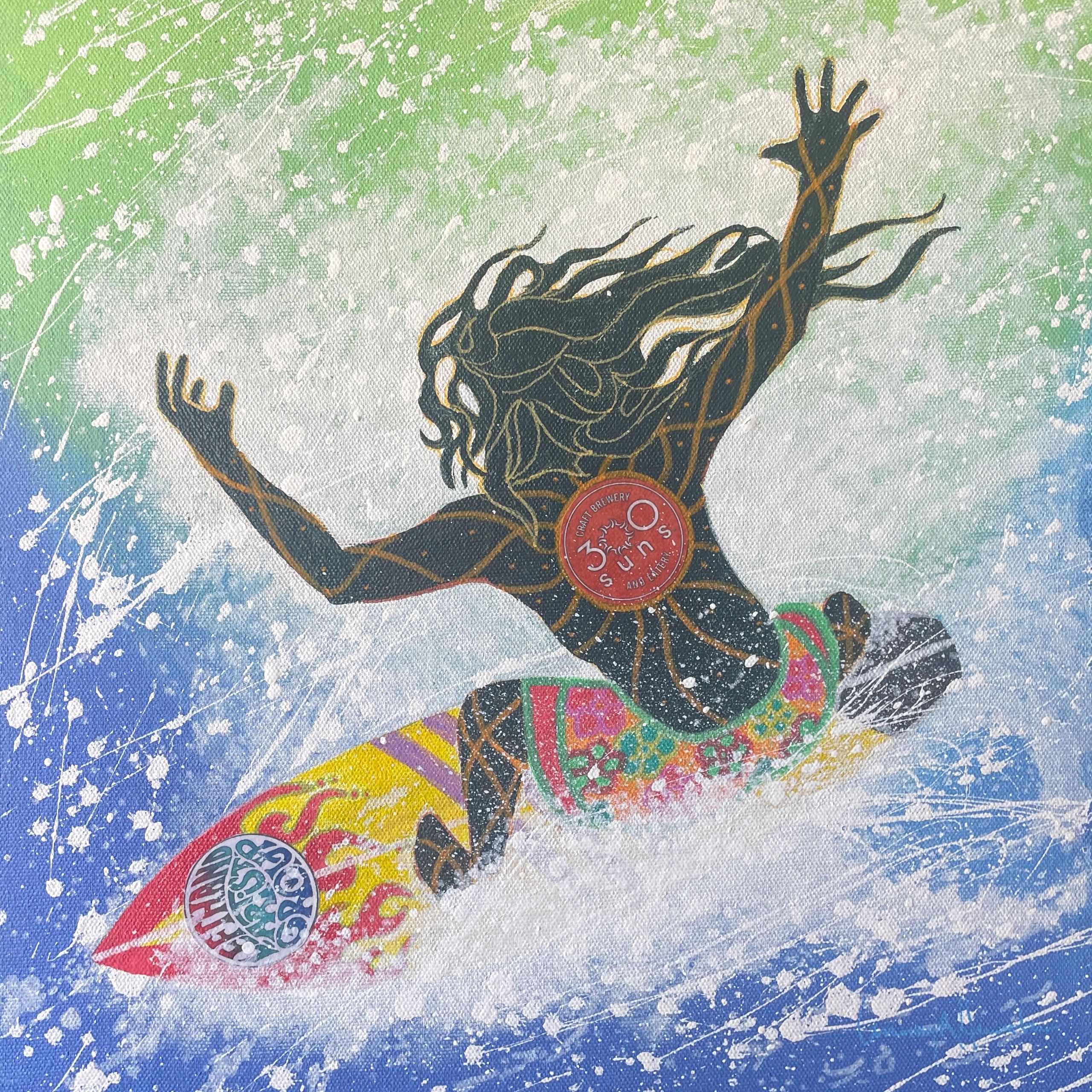 The painting depicts a surfer riding a wave that conveys a sense of freedom and exhilaration