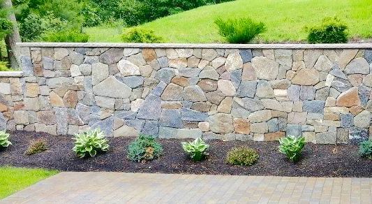 Stone wall with small plants in front of it and a paved patio area.