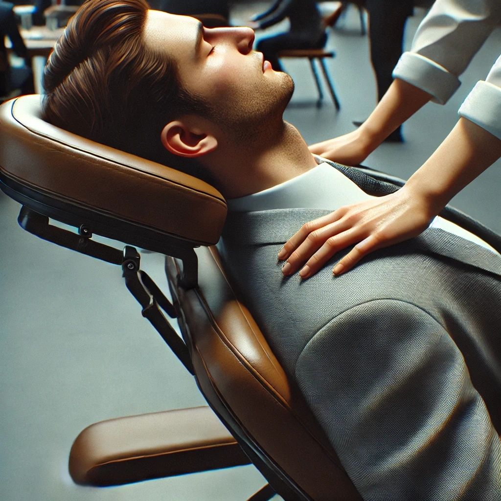 Man insuit receives a chair massage