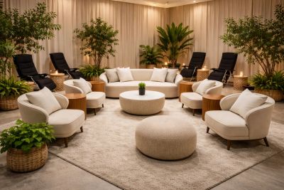 Elegant indoor seating area with plants and comfortable chairs.