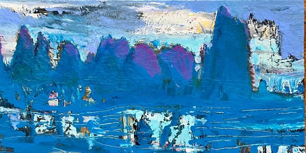 Abstract blue landscape painting with textured mountains and water.