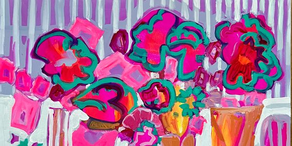 Bright, abstract floral painting with vibrant pinks and greens.