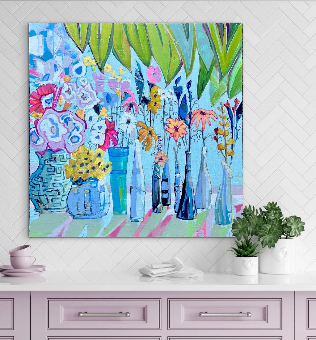 Colorful floral painting with vases on a textured blue background.