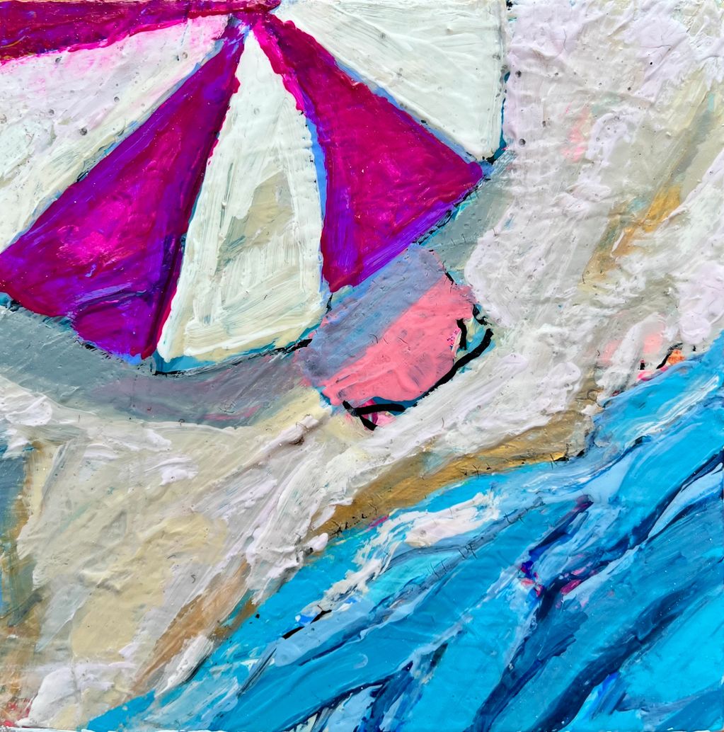 Colorful abstract painting with bold pink, blue, and white brushstrokes.