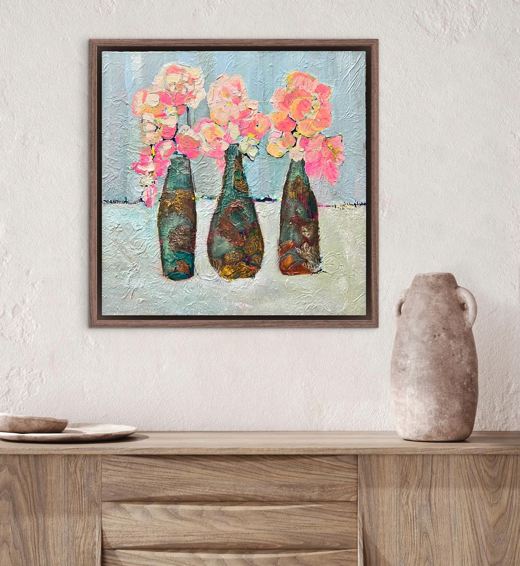 Textured painting of three vases with pink flowers on a light background.
