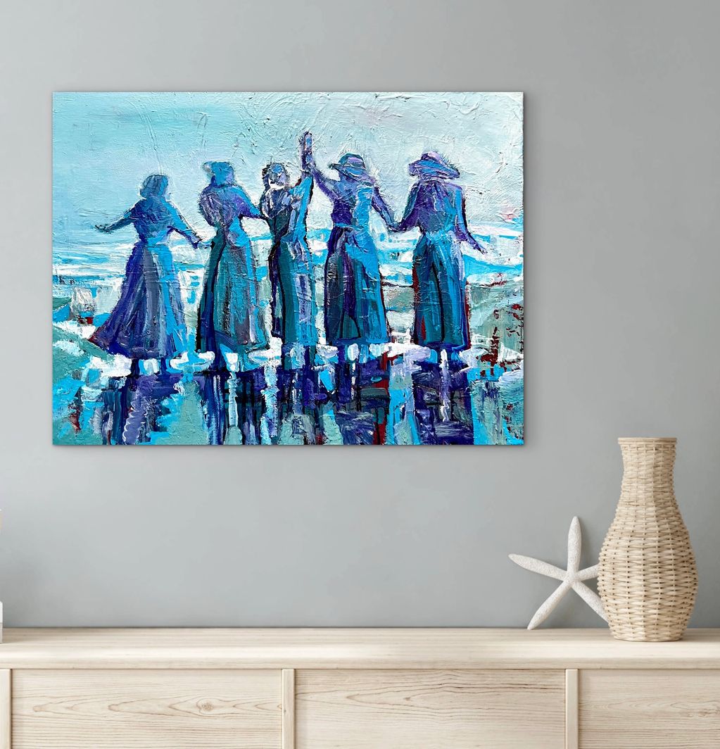 Abstract painting of five women holding hands against a blue background.