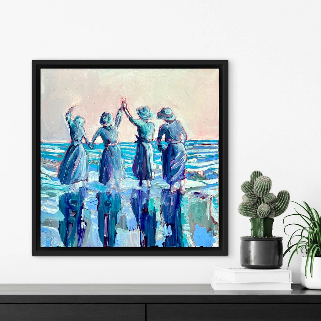 Painting of four women holding hands by the sea with reflections.