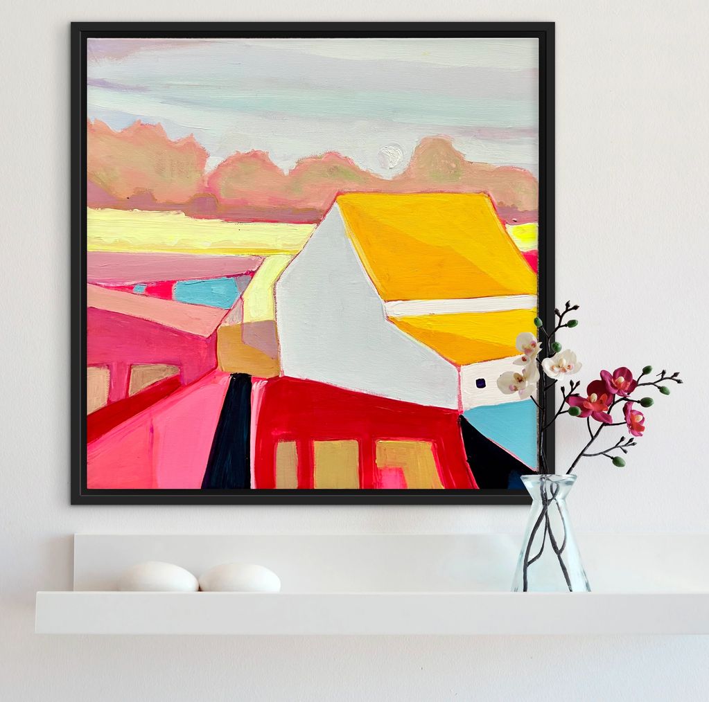 Abstract painting of houses with vibrant colors and geometric shapes.