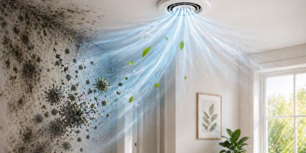 Air purifier blowing clean air, removing mold and germs.