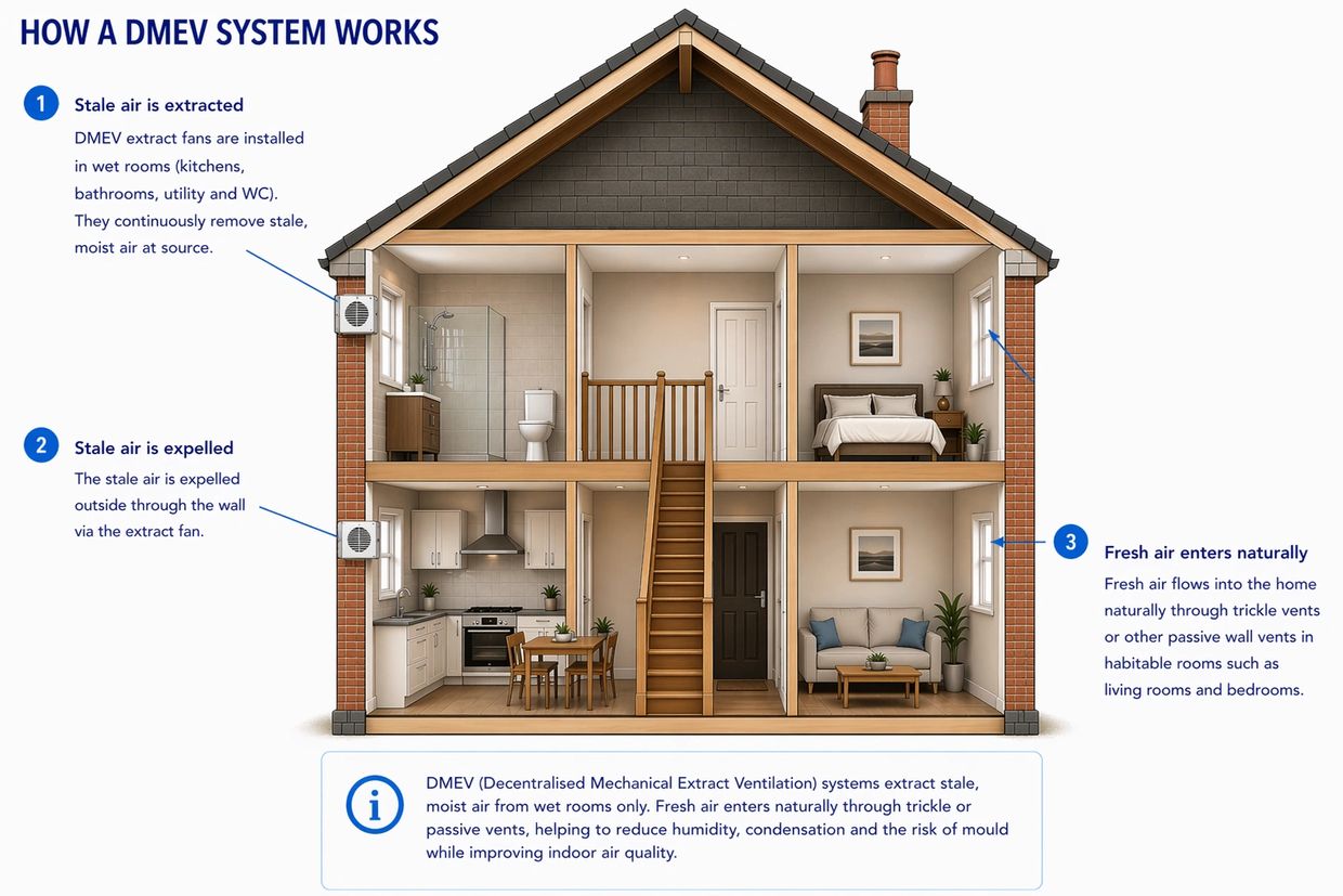 Diagram explaining how a DMEV system extracts stale air and allows fresh air naturally in a house.