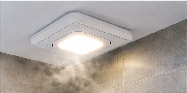 Ceiling-mounted bathroom fan with light and steam.