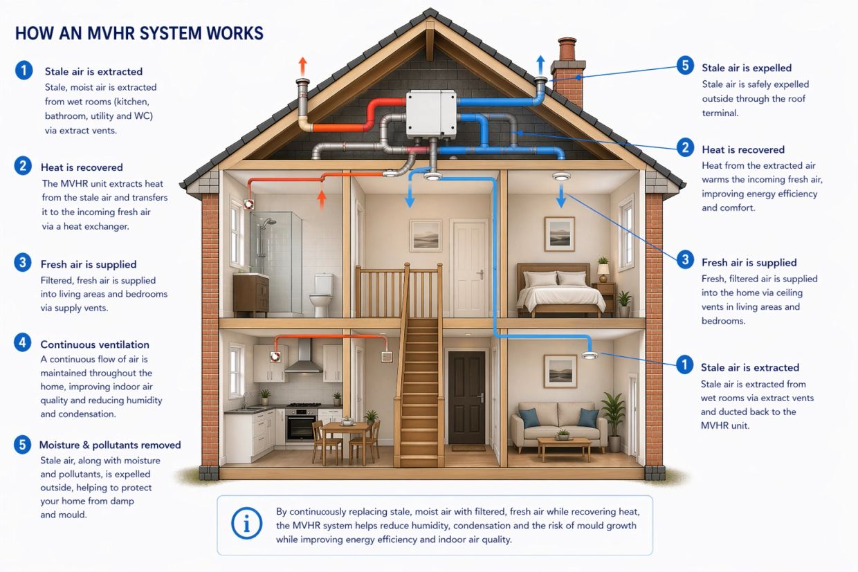 Diagram showing how an MVHR system extracts stale air, recovers heat, and supplies fresh air in a house.