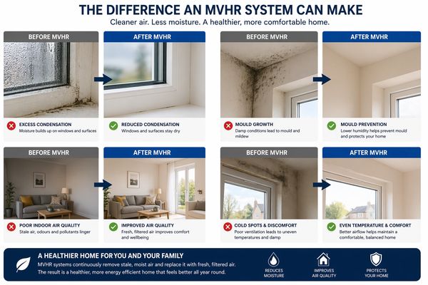 Comparison showing benefits of MVHR system for cleaner, healthier homes.