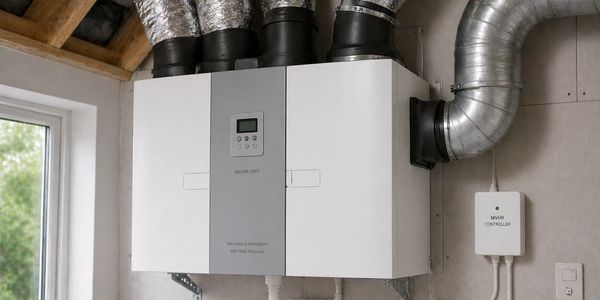 A modern air ventilation system with heat recovery installed on a wall.