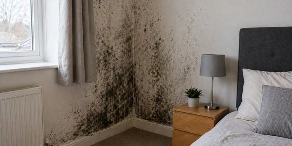 Mold infestation on bedroom wall near window and bedside table.