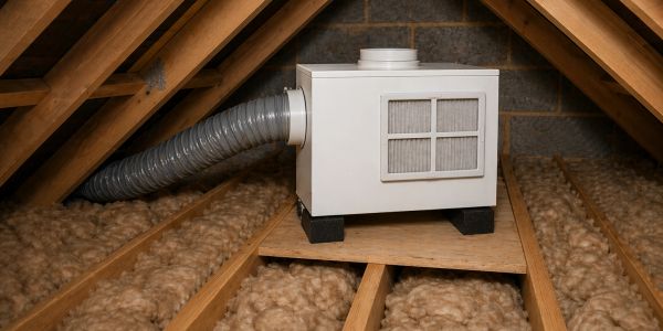 A ventilation unit installed in an attic with insulation.