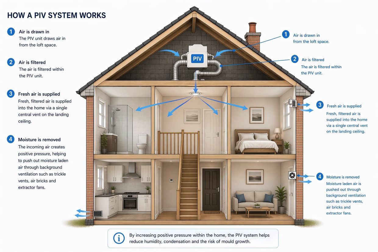 Diagram showing how a PIV system filters and supplies fresh air while removing moisture from a home.