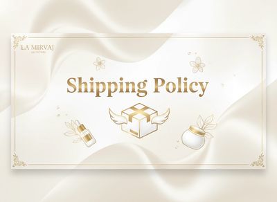 Elegant gold "Shipping Policy" banner with skincare icons.
