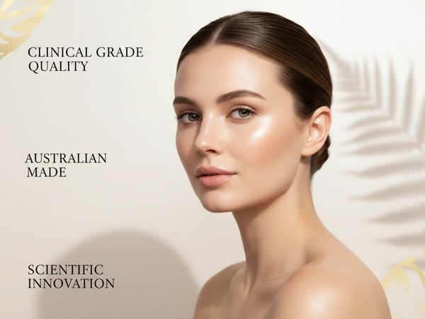 Minimalist cream and gold background with a radiant woman and bold skincare quality statements.