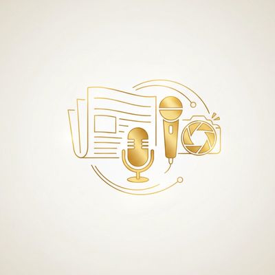 Minimalist cream and gold background with media icons.