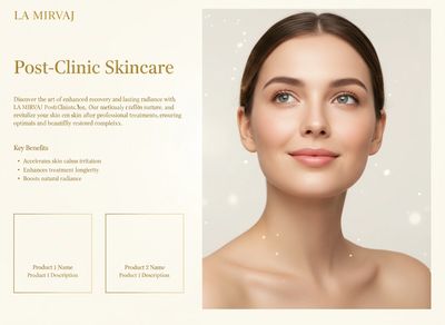 Minimalist cream and gold layout with a radiant woman, text, and product placeholders.