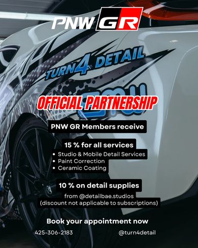 Promotional flyer for PNW GR and Turn4Detail partnership offering discounts on car detailing services.