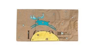 Archival pigment print of a painting of a Turquoise moose jumping over the moon painted on LCBO bag