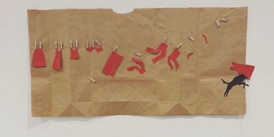 The Theif SOLD
Paper bag, acrylic paint, miniature clothespins
Wolf snatching dress from clothesline