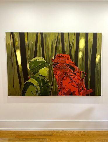 Painting of two soldiers facing each other in a forest, one in green and one in red.