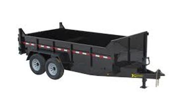 Black dual-axle utility trailer with open top and hitch.