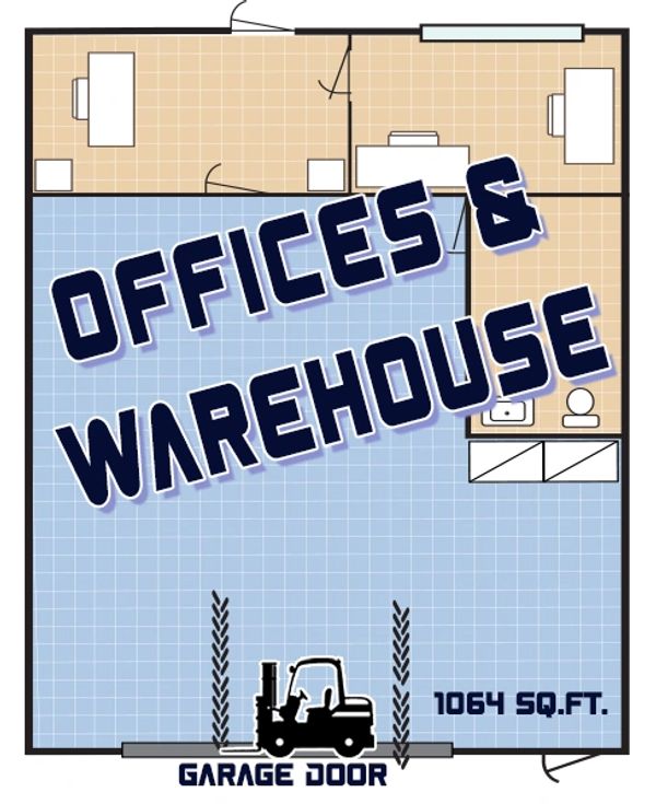 1064 sq ft suite available, offices and warehouse space for lease.