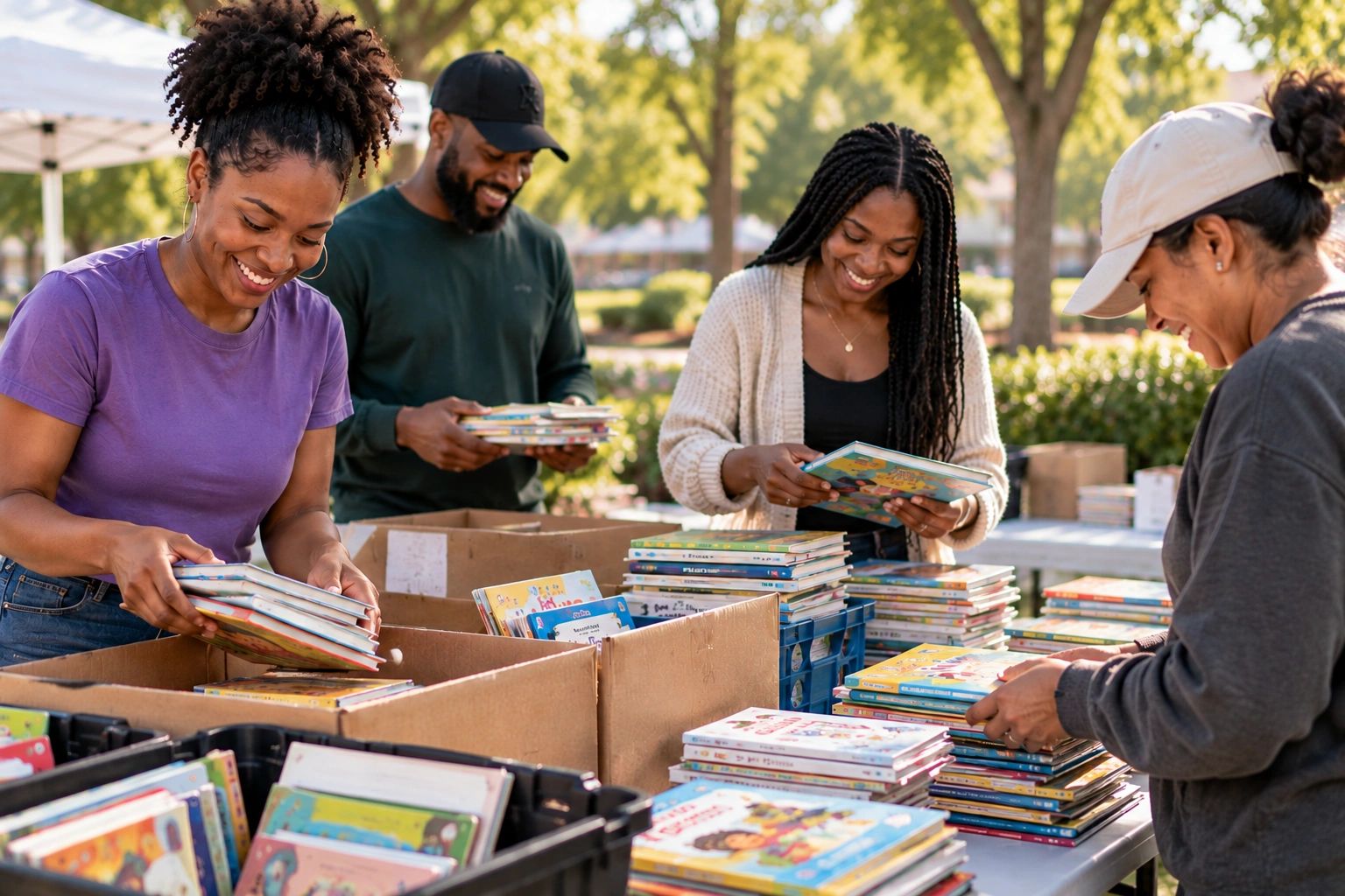 People happily sorting books outdoors.