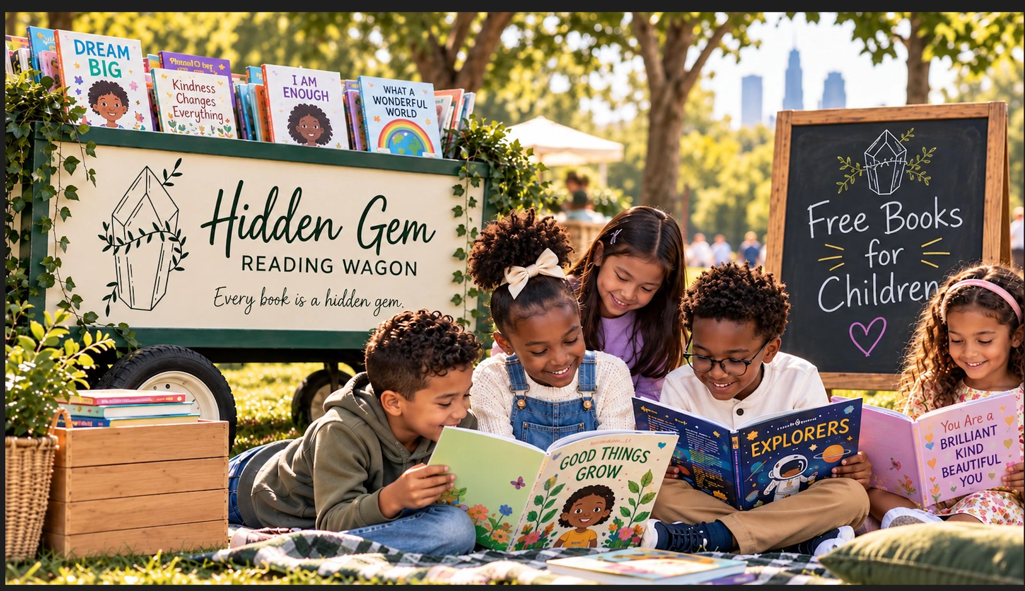 Children happily reading books at a free book wagon.