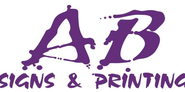 Logo of AB Signs & Printing in purple artistic font.