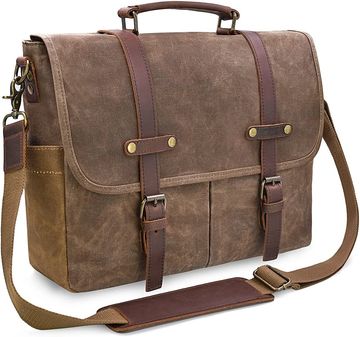 Mens Messenger Bag 15.6 Inch Waterproof Vintage Genuine Leather Waxed Canvas Briefcase Large Leather