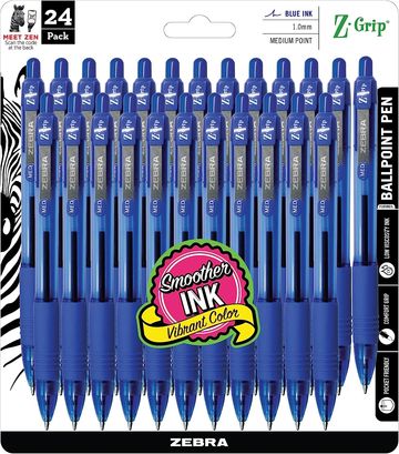  Zebra Pen Z-Grip Retractable Ballpoint Pen, Medium Point, 1.0mm Blue Ink 24 Pack Packaging may vary