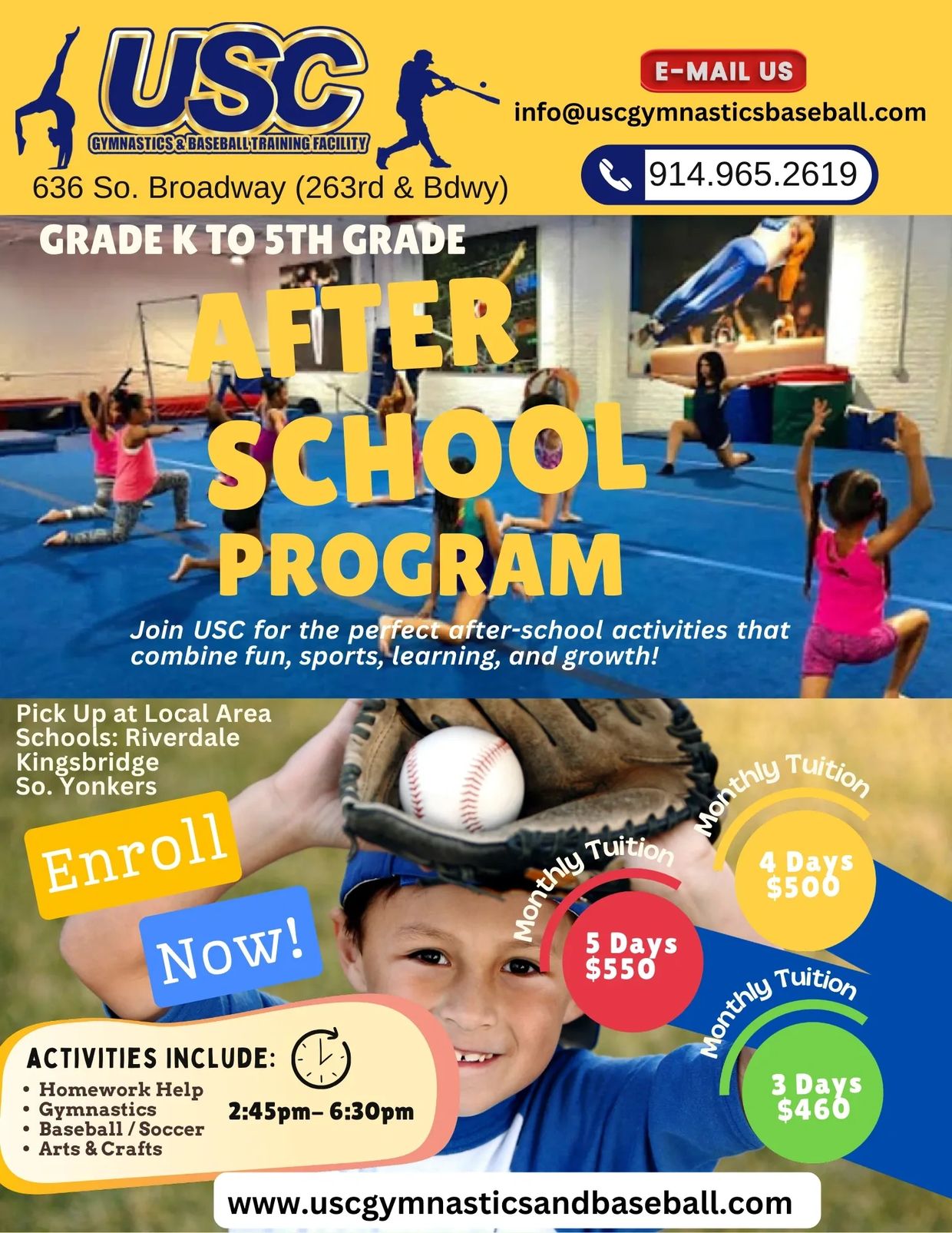 After-school program for K-5th graders combining gymnastics, baseball, and more.