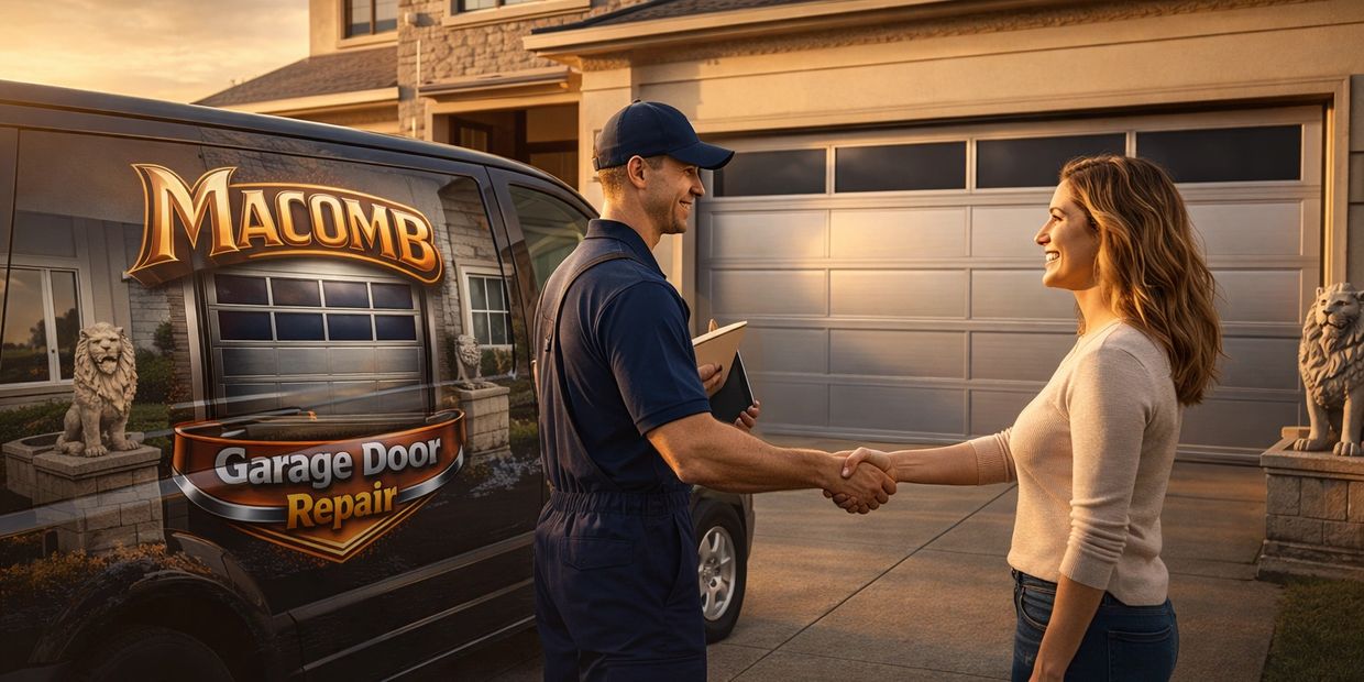 garage door technician handshakes with a customer