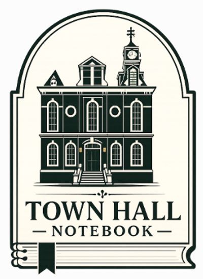 Logo of Town Hall Notebook with a classic building illustration.