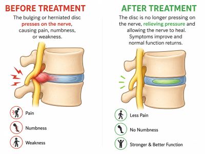 Comparison of spine before and after treatment showing reduced nerve pressure.