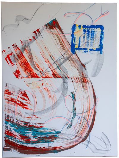 Abstract painting with dynamic red, blue, and gray brushstrokes on white canvas.