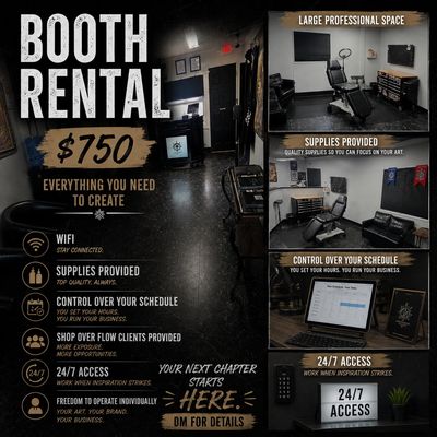 Booth rental for $750 with supplies, WiFi, 24/7 access, and client flow.