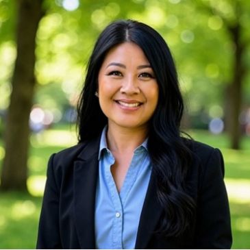 Smiling woman in business attire standing outdoors.