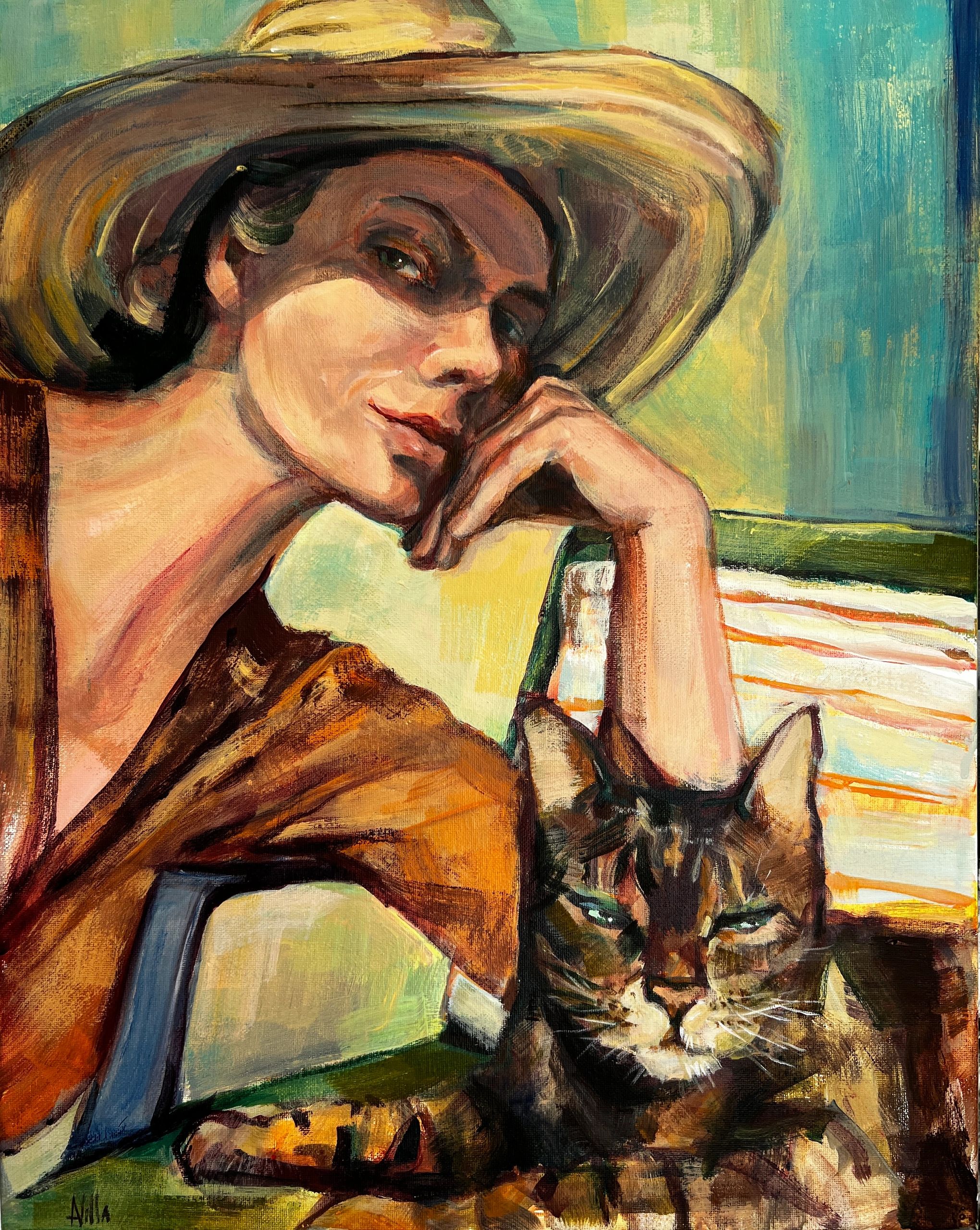 Lady and a cat on the sunny afternoon 