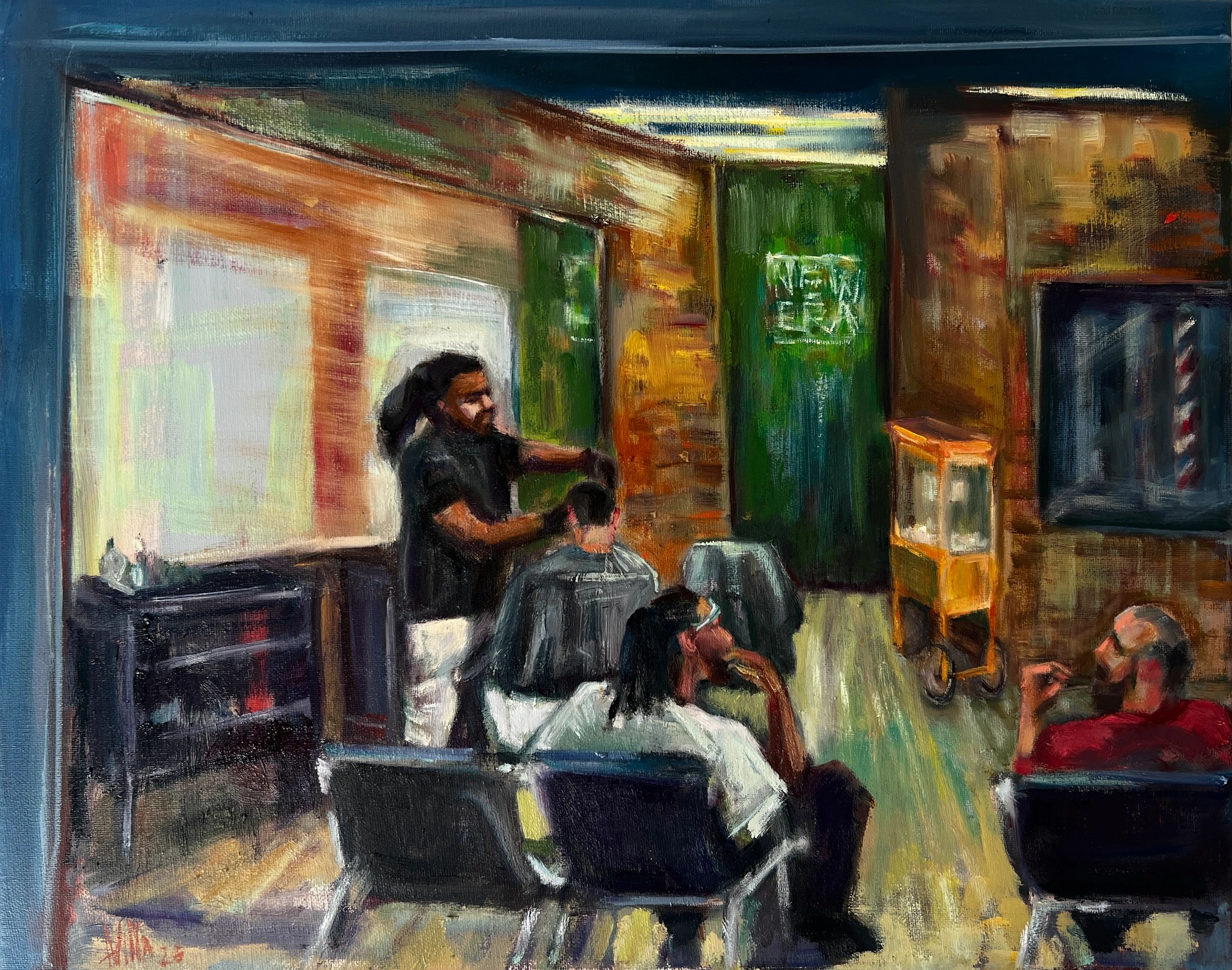 Barbershop scene where a barber cutting hair.