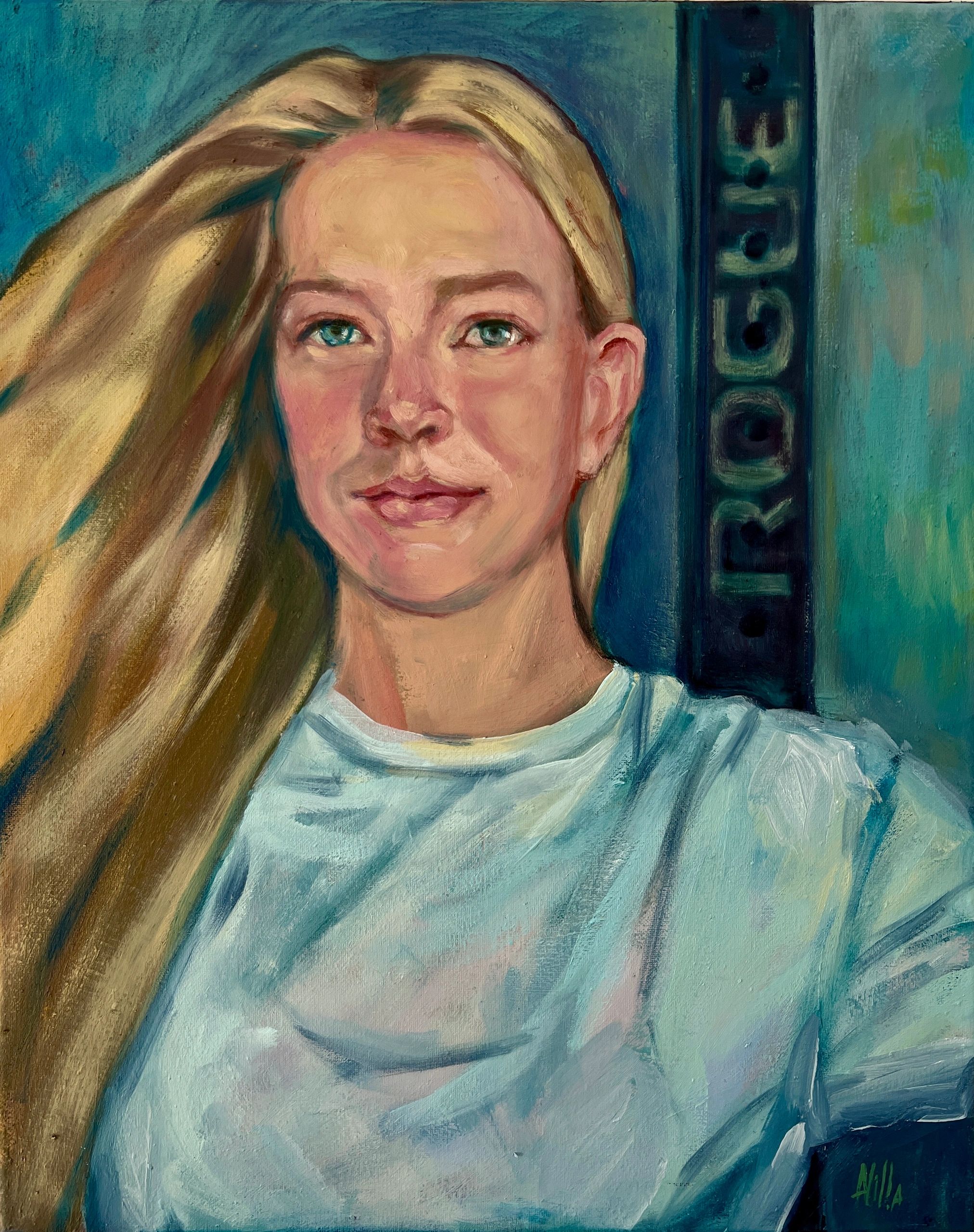 Beautiful blond with blue eyes, painting by Anna Villa 