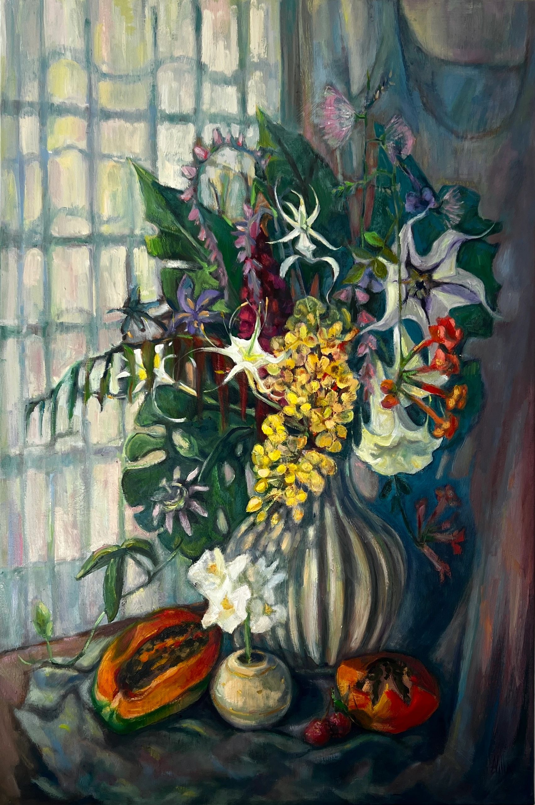 Still life painting of flowers and fruits on a draped table.
